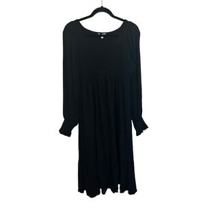 Baltic Born Swiss Dot Smocked Midi Dress Size L Black V-Neck Long Sleeve Cottage